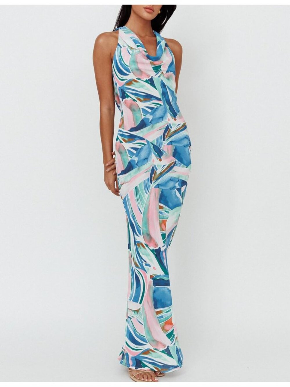 Womens Blue Floral Cowl Neck Summer Satin Backless Sleeveless Elegant Maxi Dress - Picture 4 of 4